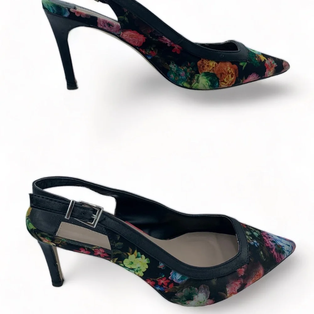 Dorothy Perkins Black Floral Sling Back Shoes Stiletto Heels Faux Leather UK 7 - Picture 3 of 13